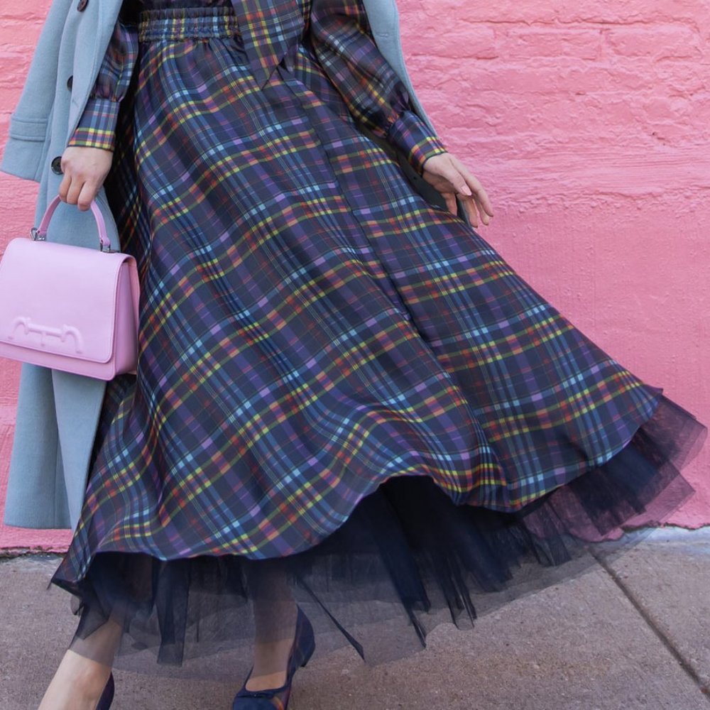 Halogen Multicolor Plaid Midi Skirt